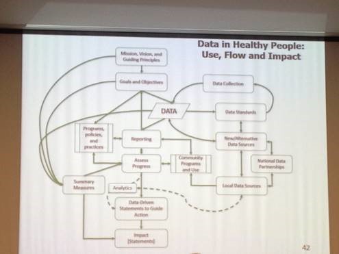Photo caption: This slide on data use, flow, and impact was shown during the September Committee discussion. How messy public health data really is!
